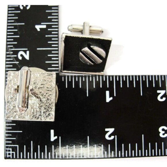 Flat Black Enamel Square Circle Line Centers Cufflinks Silver Tone Shirt Vtg - Picture 8 of 8